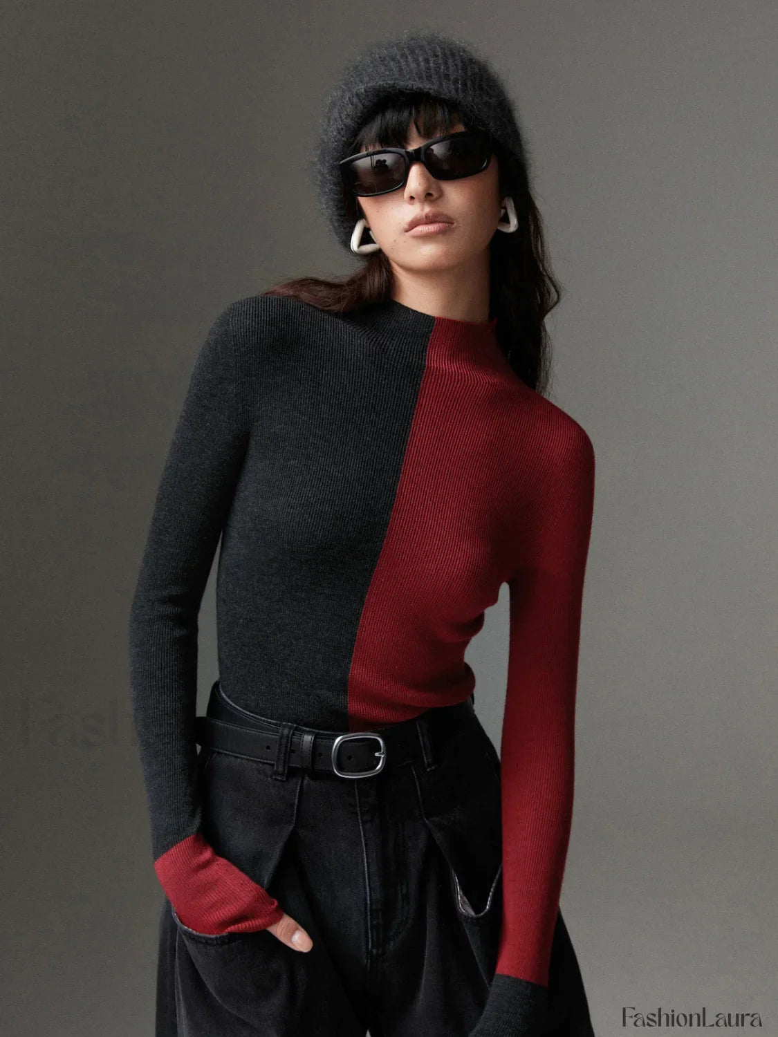 Wool-Blend Two Tone Skinny Knit Top