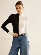 Wool-Blend Two Tone Skinny Knit Top