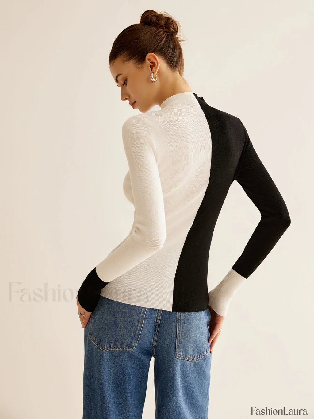 Wool-Blend Two Tone Skinny Knit Top