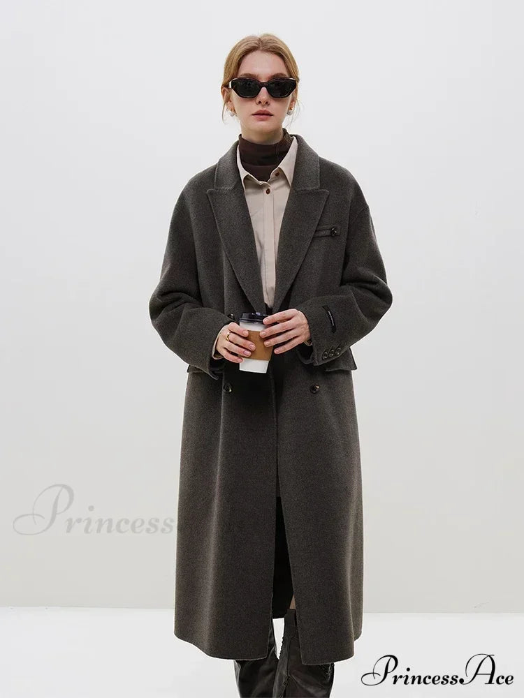 Wool Camel Hair Temperament Oatmeal Long Notched Collar Double Breasted Classic Chic Coat