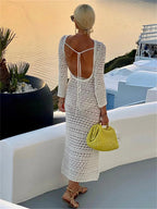 Mock Neck Long Sleeve Hollow Out Crochet Knit Bodycon Midi Dress