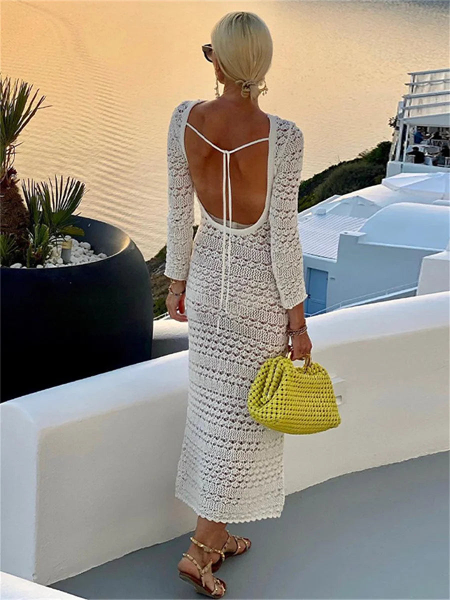 Mock Neck Long Sleeve Hollow Out Crochet Knit Bodycon Midi Dress