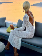 Mock Neck Long Sleeve Hollow Out Crochet Knit Bodycon Midi Dress