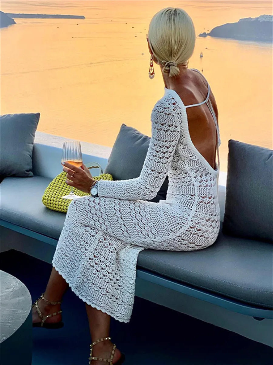 Mock Neck Long Sleeve Hollow Out Crochet Knit Bodycon Midi Dress