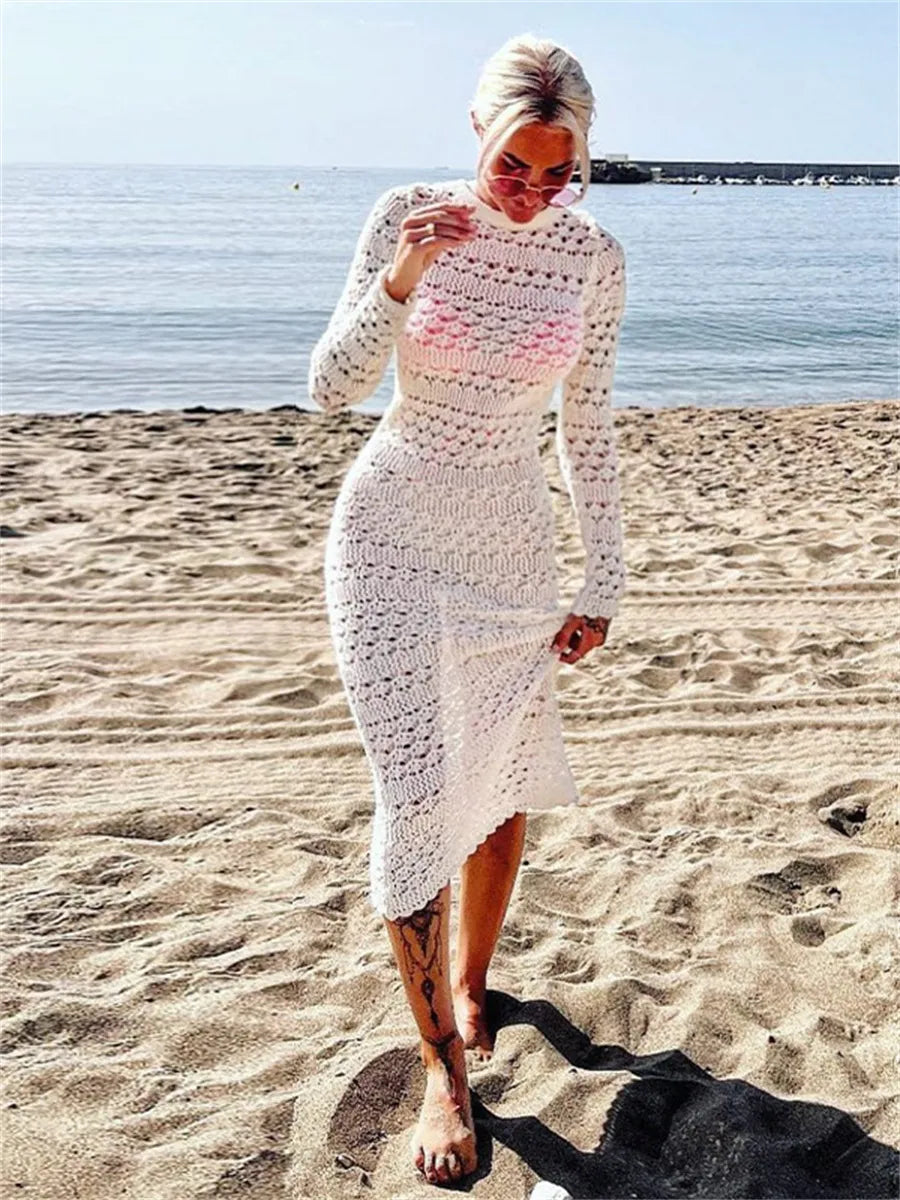 Mock Neck Long Sleeve Hollow Out Crochet Knit Bodycon Midi Dress
