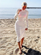 Mock Neck Long Sleeve Hollow Out Crochet Knit Bodycon Midi Dress