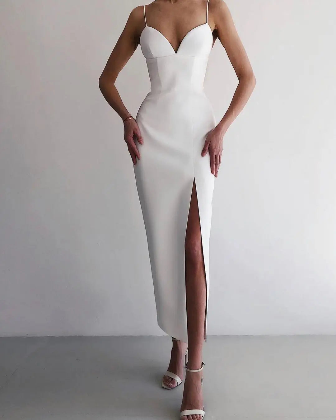 Sweetheart Spaghetti Strap Corset Paneled High Slit Midi Dress