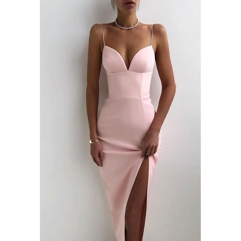 Sweetheart Spaghetti Strap Corset Paneled High Slit Midi Dress