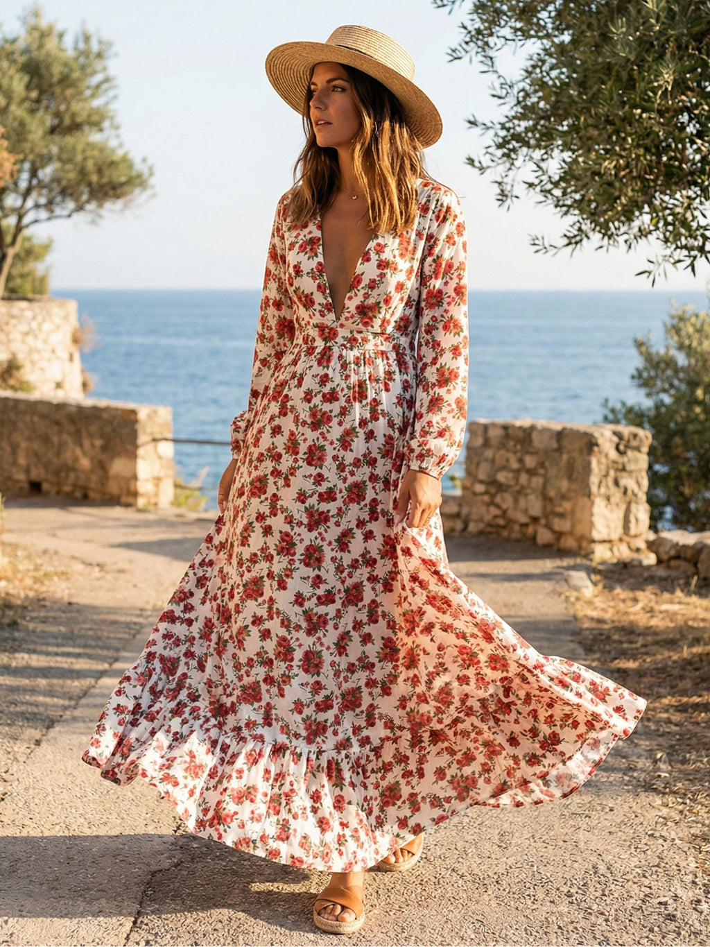 Long Sleeve Floral Maxi Gown - Pink Boho Flowy V Neck Ruffle Dress - Spring Holiday Beach 2026