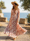 Long Sleeve Floral Maxi Gown - Pink Boho Flowy V Neck Ruffle Dress - Spring Holiday Beach 2026