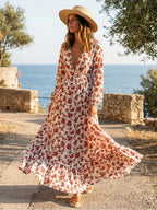 Long Sleeve Floral Maxi Gown - Pink Boho Flowy V Neck Ruffle Dress - Spring Holiday Beach 2026