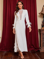 Ironed Diamond Deep V Slit Feather Party Evening Dress