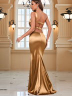 Satin Slant Shoulder Backless Evening Dress