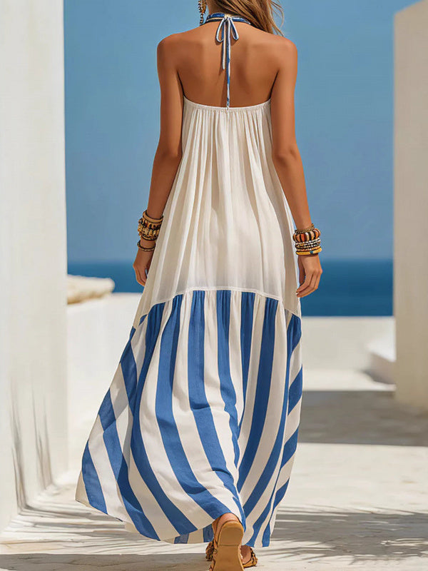Retro Plaid Striped Backless Maxi Dress