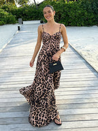 Leopard Maxi Sundress For Women - Animal Print Sexy Spaghetti Strap Flare Long Dress - Summer Beach Vacation 2026