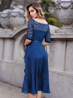 Dark Blue Peplum Short Dress Lace Bodice Boatneck Ribbon Waist Day Dresses