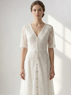 White Lace Maxi Boho Dress for Women - Embroidery Button Front Short Sleeves High Low Dress - Summer Beach Bridal Party Wear 2026