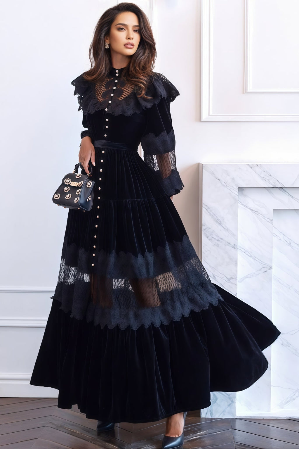 Sorelf Lace Floral Cutout Maxi Dress
