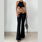 Halter hollow out solid backless pant set  | Festival Outfits Women