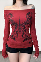 Y2K Dark Print Off Shoulder Long Sleeve Tee