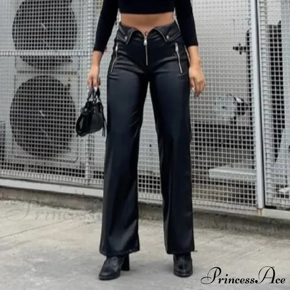 Y2K Fashion Leather High Waist Sexy Zipper Slim Streetwear Winter Pants