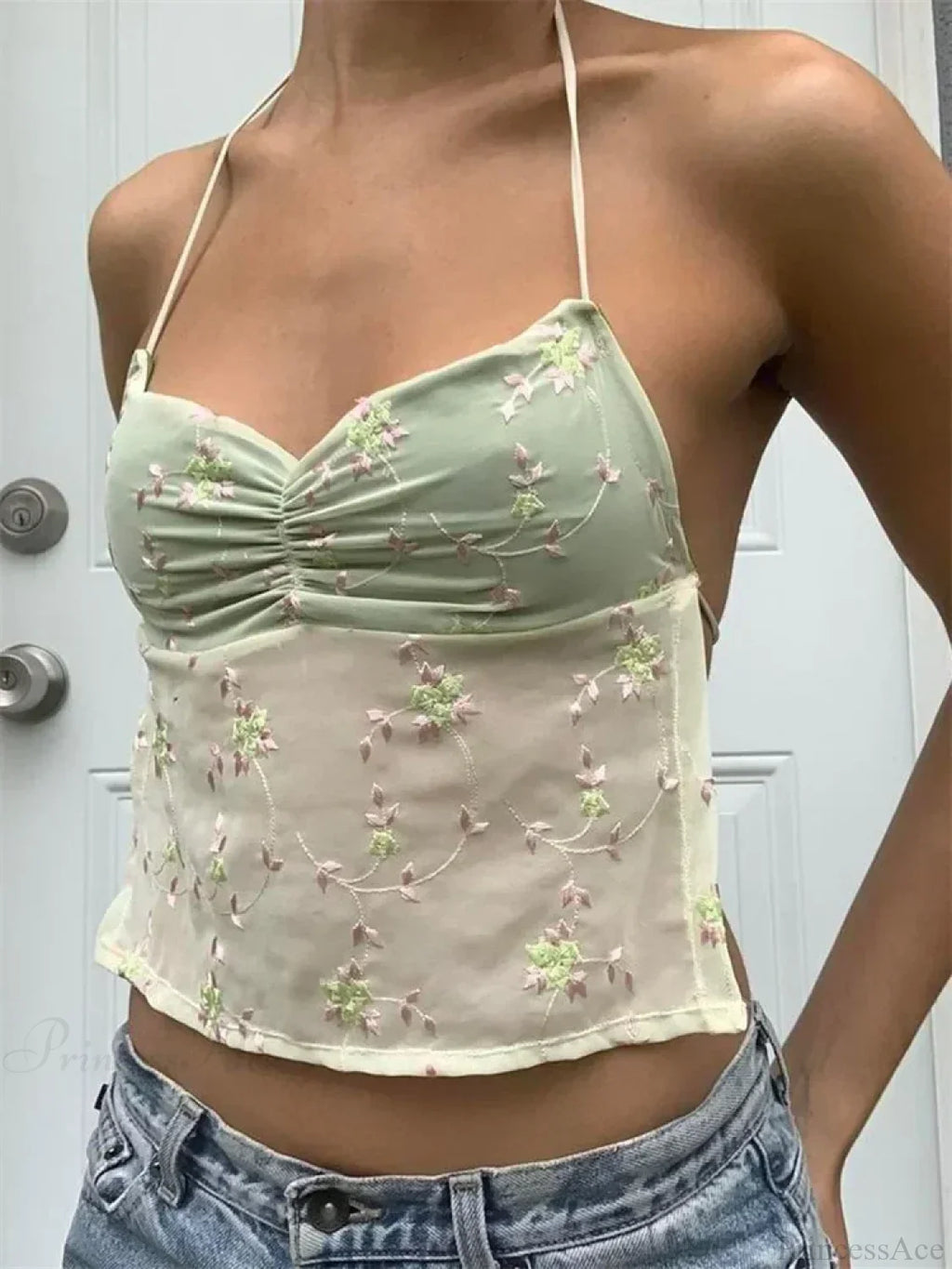 Y2K Floral Backless Tie-up Halter Crop Top