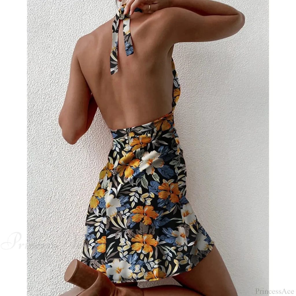 Y2K Floral Sleeveless Halter Neck Backless Floral Dress