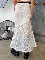 Y2K Grunge Lace Mesh See Through Bow Tie Long Skirt