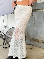 Y2K Grunge Lace Mesh See Through Bow Tie Long Skirt