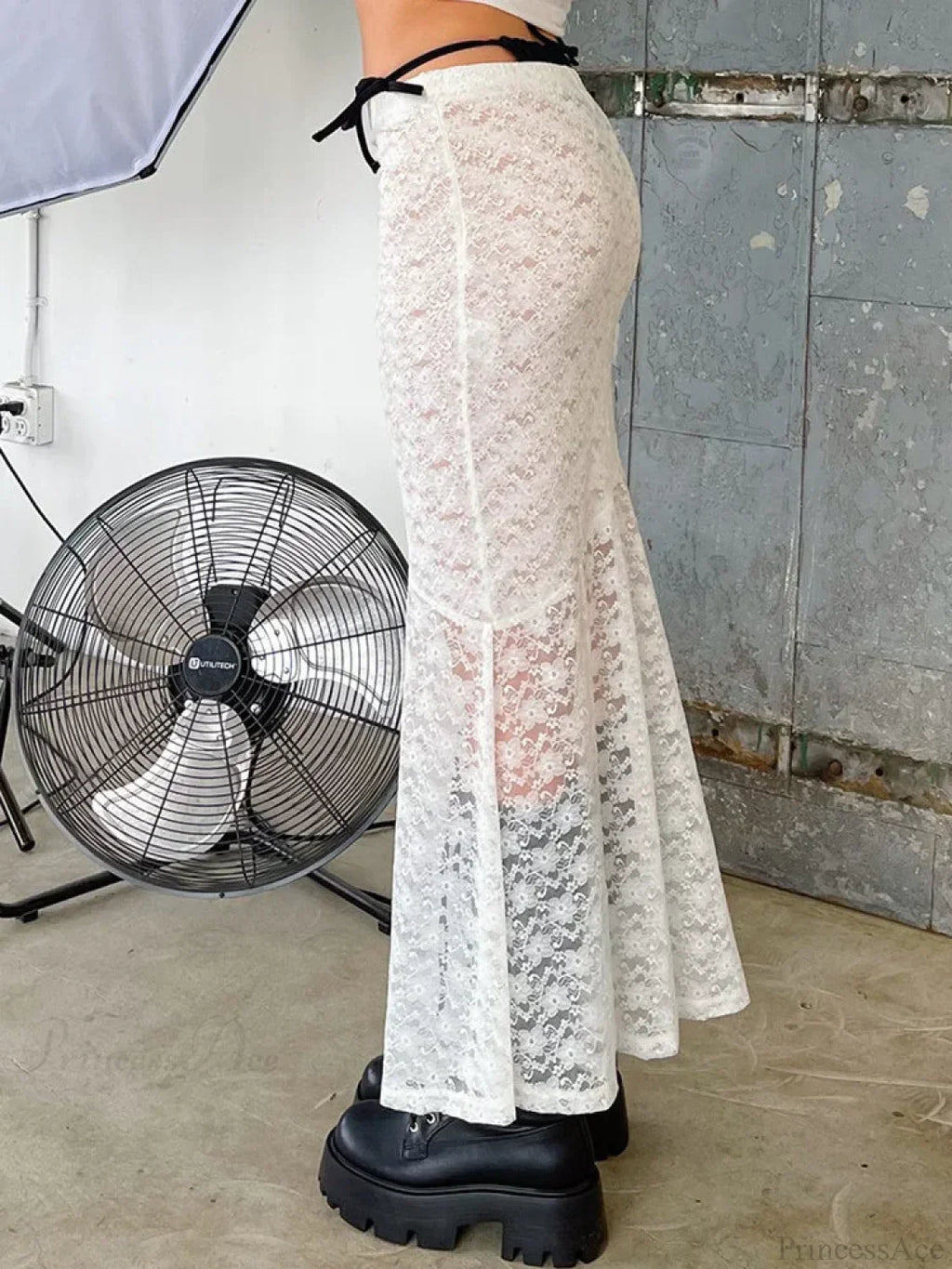 Y2K Grunge Lace Mesh See Through Bow Tie Long Skirt