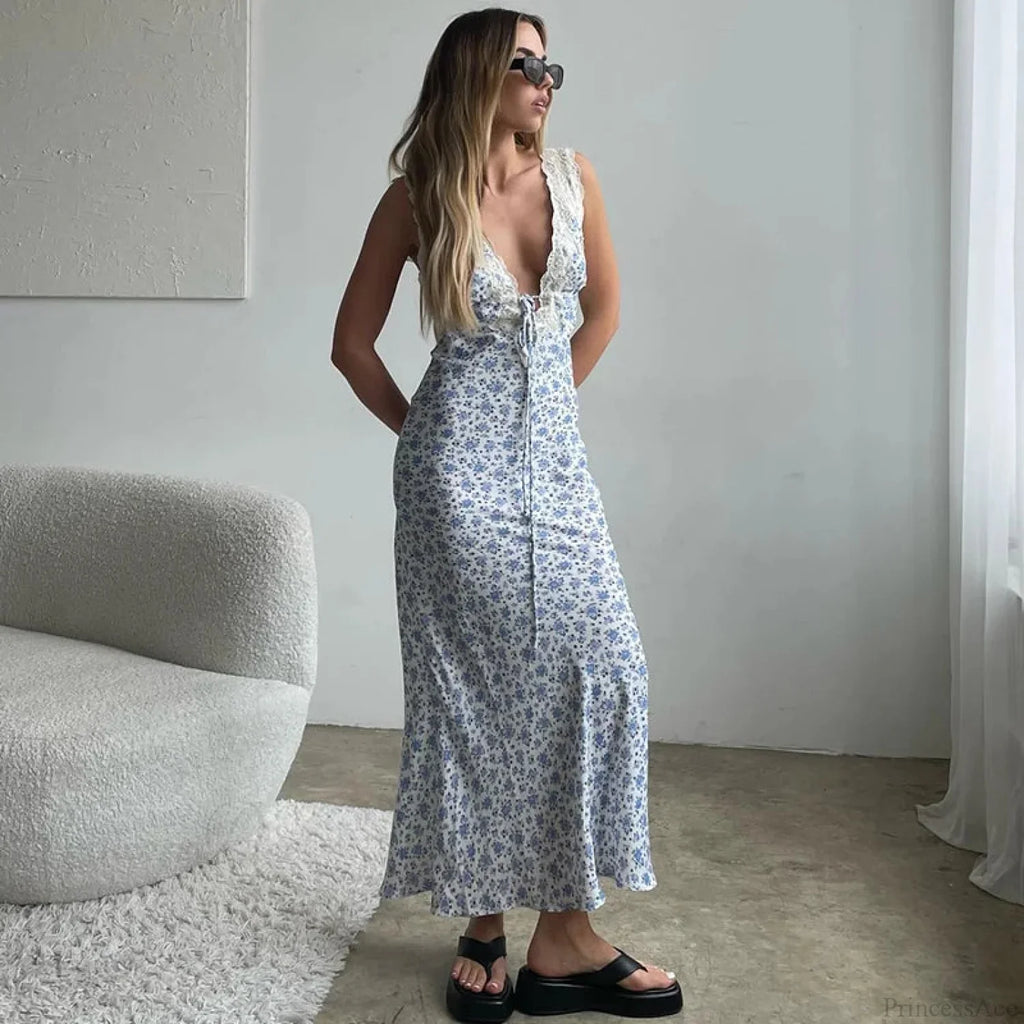 Y2K Lace Trim Long Vacation Dress