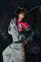 Y2K Leopard Striped Street Zip Hoodie