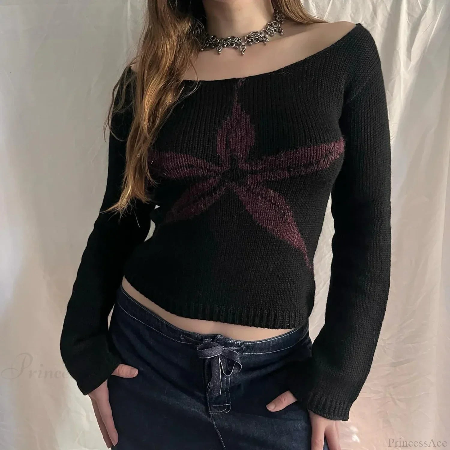 Y2K Off Shoulder Bow Graphic Pullover Knit Top