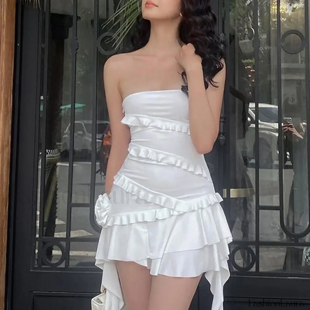 White Off Shoulder Strapless Ruffle Hem Mini Floral Dress