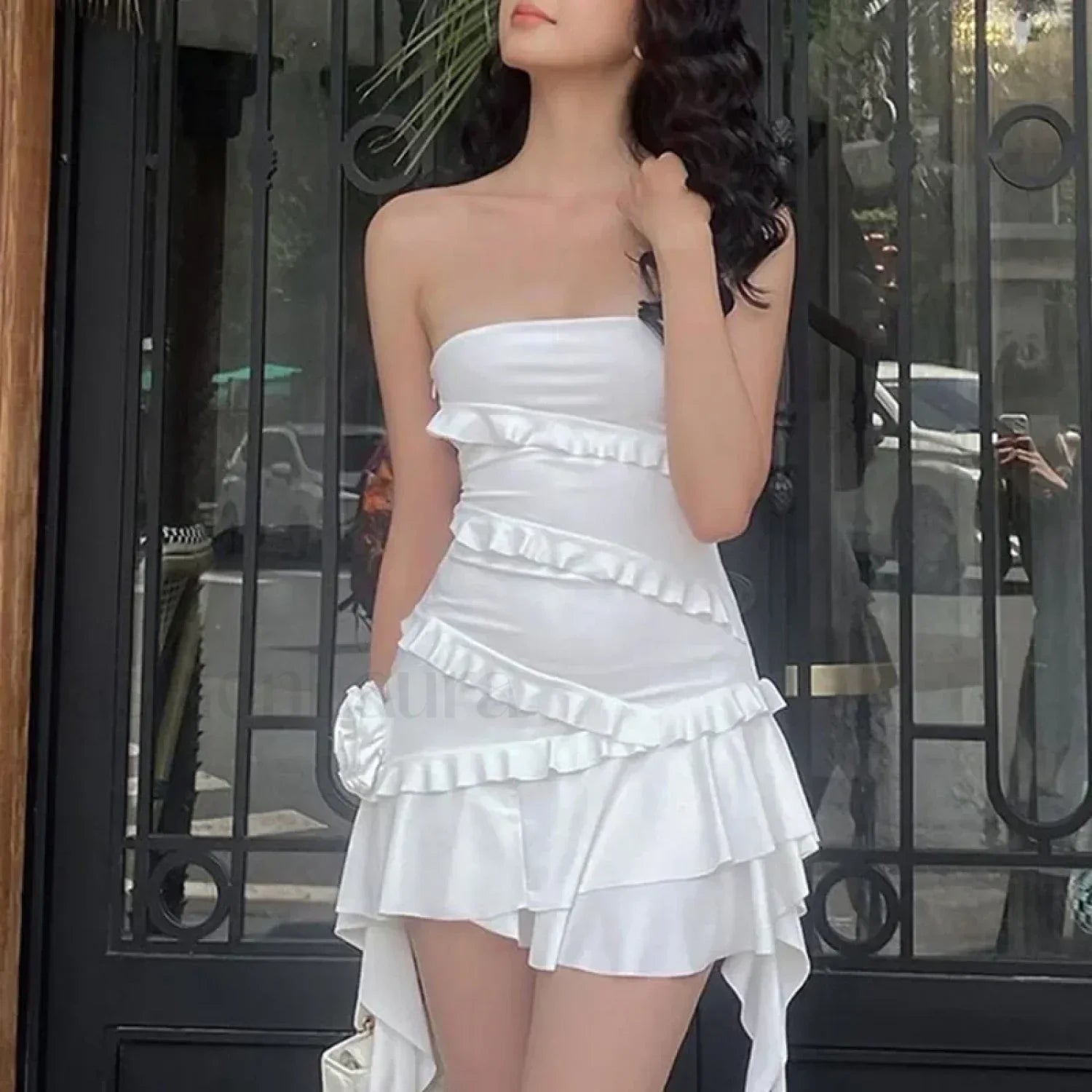 White Off Shoulder Strapless Ruffle Hem Mini Floral Dress