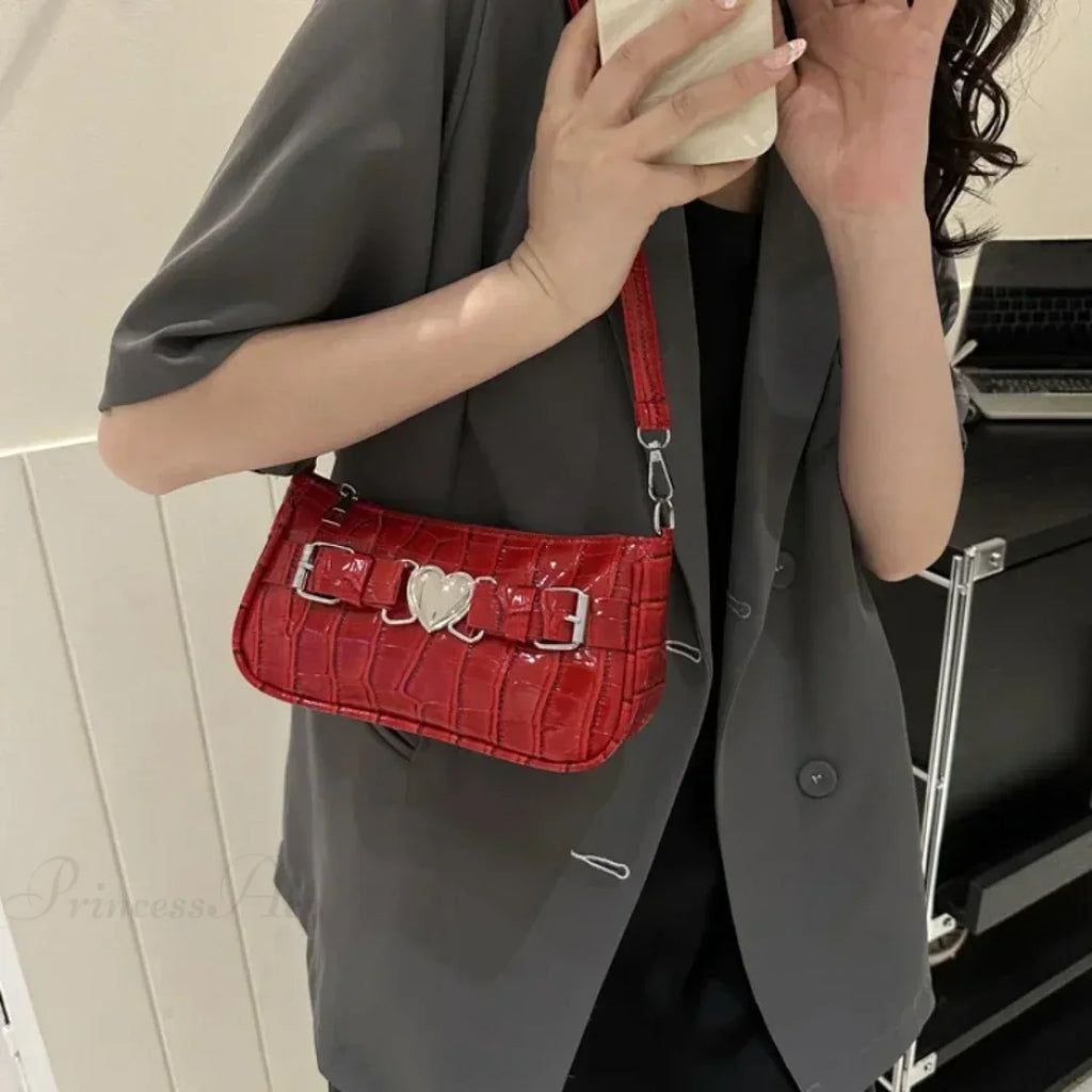 Y2K Peach Heart Leather Shoulder Bag
