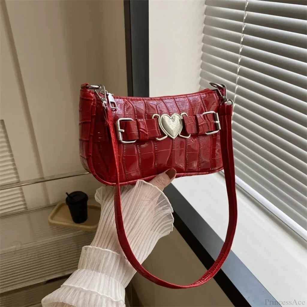 Y2K Peach Heart Leather Shoulder Bag