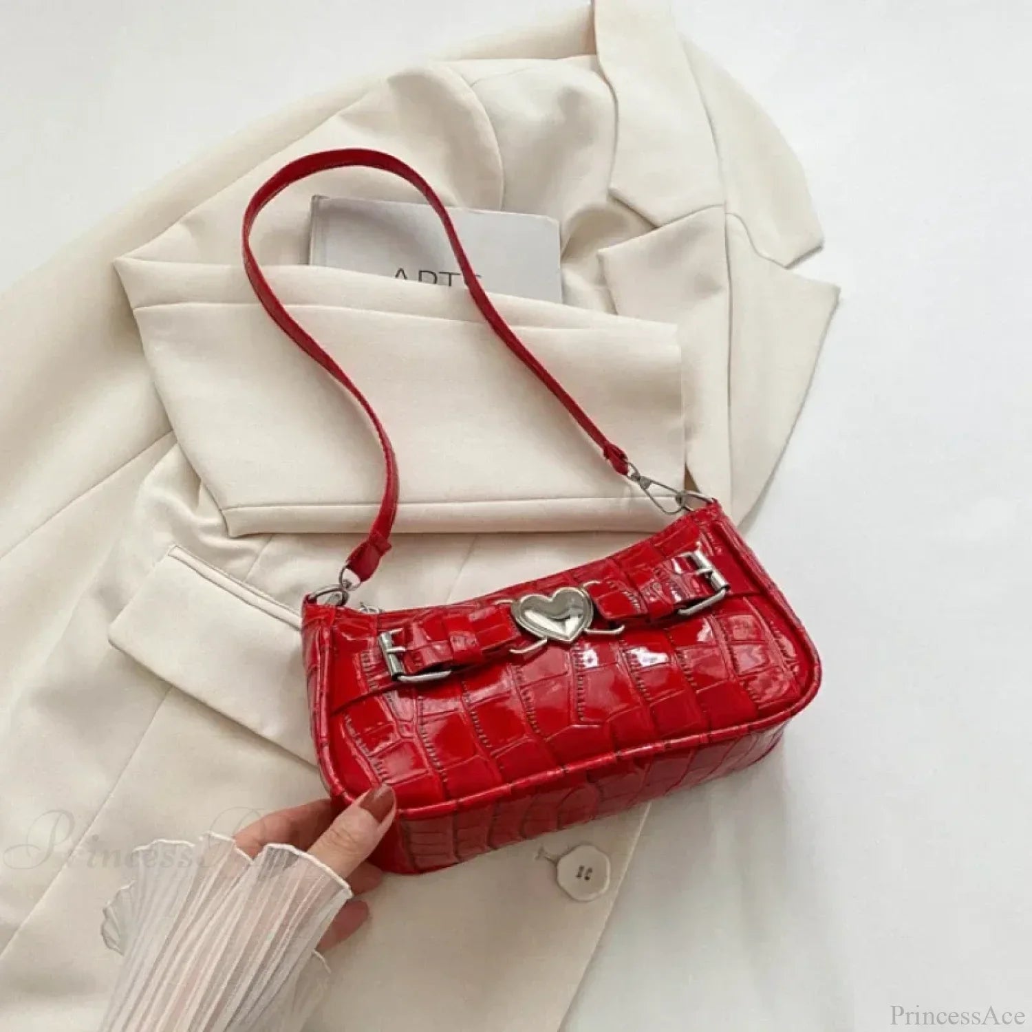 Y2K Peach Heart Leather Shoulder Bag