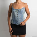 Y2K Plaid Print Sleeveless 00s Aesthetic Front Button Retro Backless Slim Fit Crop Top