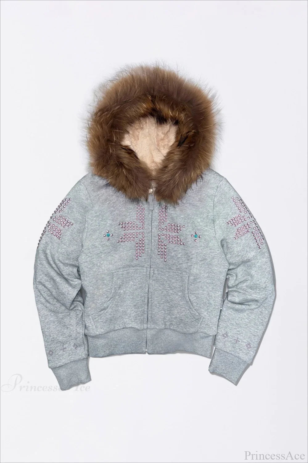 Y2K Sherpa Collar Rhinestone Zip-Front Waist-Cinched Hoodie