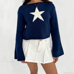 Y2K Star Print Lightweight Crewneck Cropped Knit Pullover Top