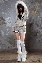 Y2k Street Vibe Color-Block Big Fur Hood Zip-Up Hoodie