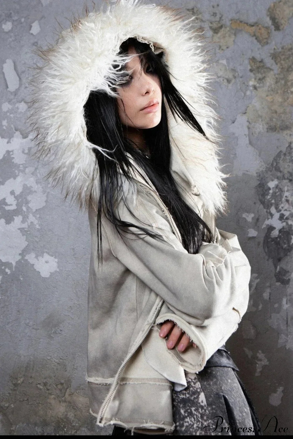 Y2k Street Vibe Color-Block Big Fur Hood Zip-Up Hoodie