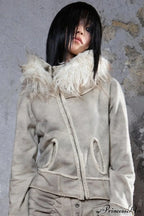 Y2k Street Vibe Color-Block Big Fur Hood Zip-Up Hoodie