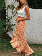 Yellow Floral Print Rayon Beach Split Asymmetrical Boho Skirt