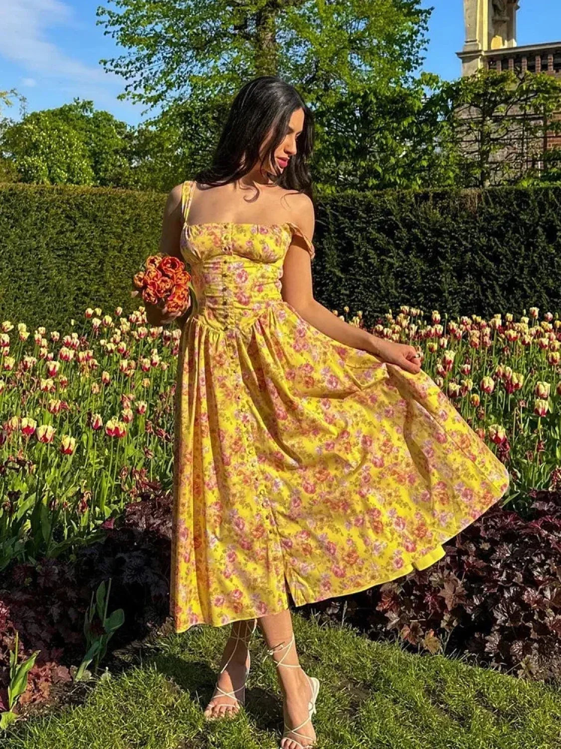 Lace-up Pocket Floral Dress