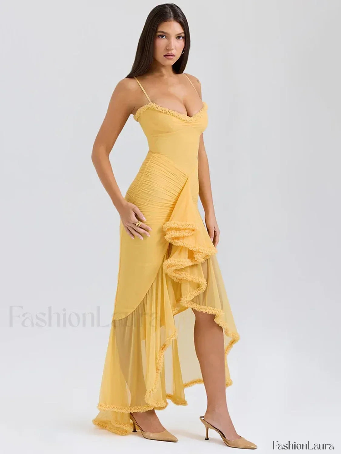 Orange Ruffled Spaghetti Midi Dress