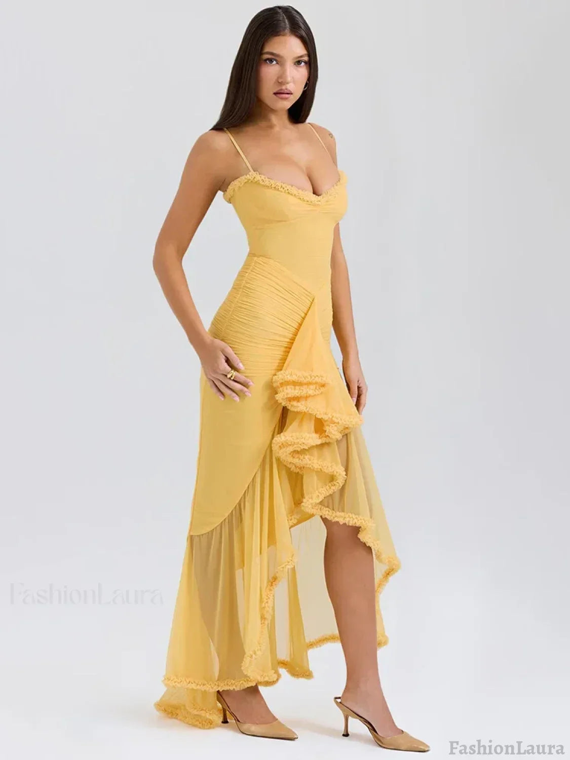 Orange Ruffled Spaghetti Midi Dress