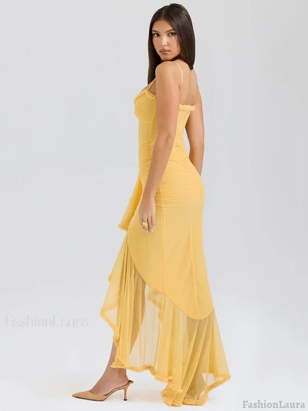 Orange Ruffled Spaghetti Midi Dress