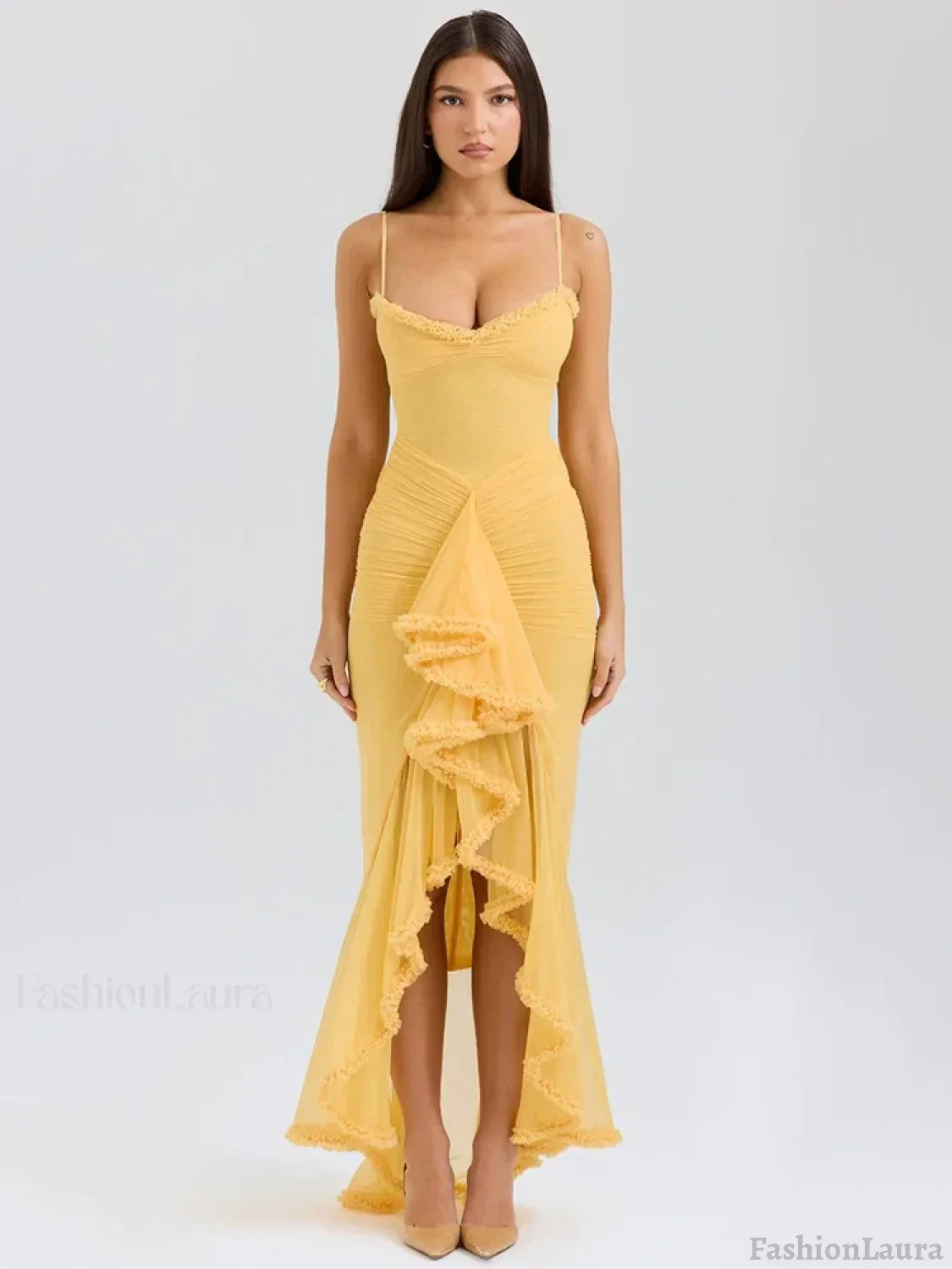 Orange Ruffled Spaghetti Midi Dress
